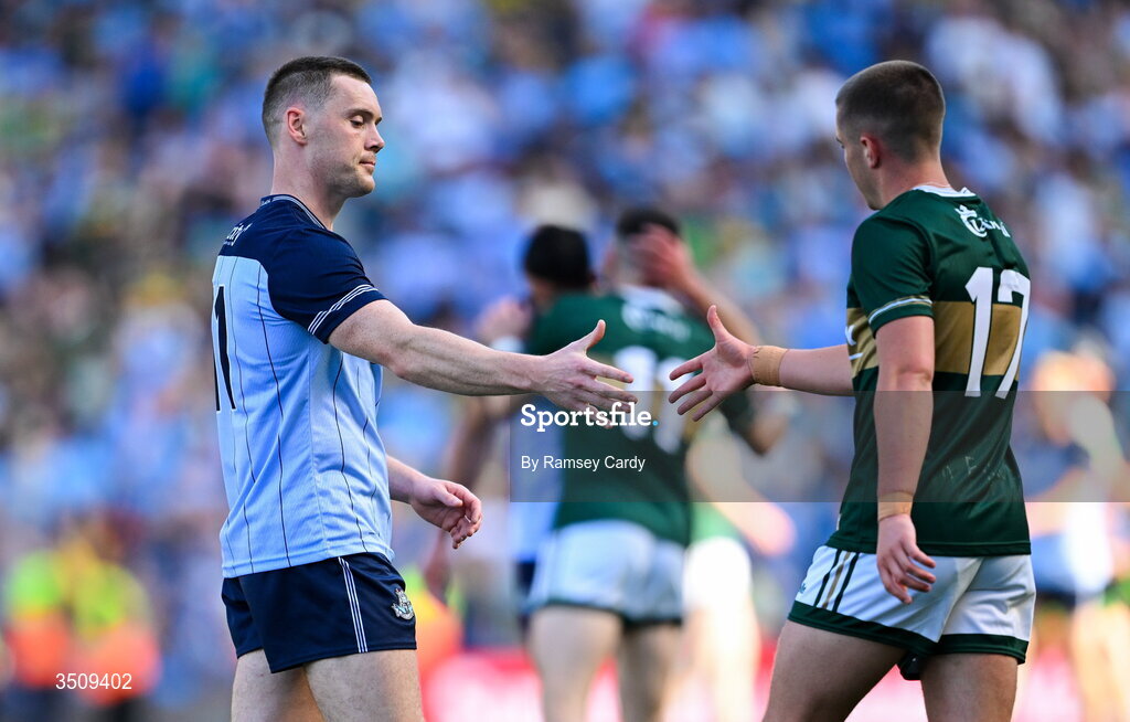 12 July 2026; Con O'Callaghan of Dublin and Evan Looney of Kerry shake hands after the GAA Football All-Ireland Senior Championship semi-final match between Dublin and Kerry at Croke Park in Dublin. Photo by Ramsey Cardy/Sportsfile