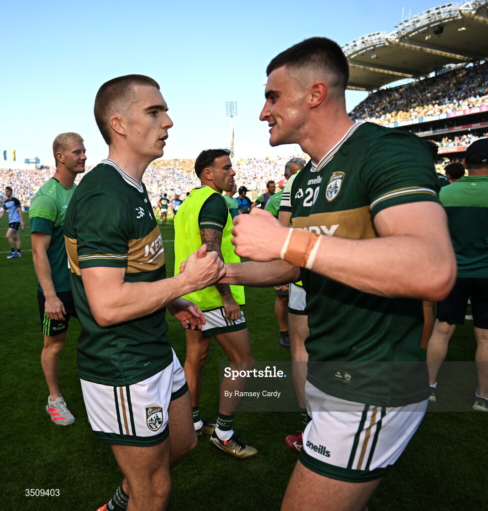 12 July 2026; Armin Heinrich, left, and Seán O'Shea of Kerry after the GAA Football All-Ireland Senior Championship semi-final match between Dublin and Kerry at Croke Park in Dublin. Photo by Ramsey Cardy/Sportsfile