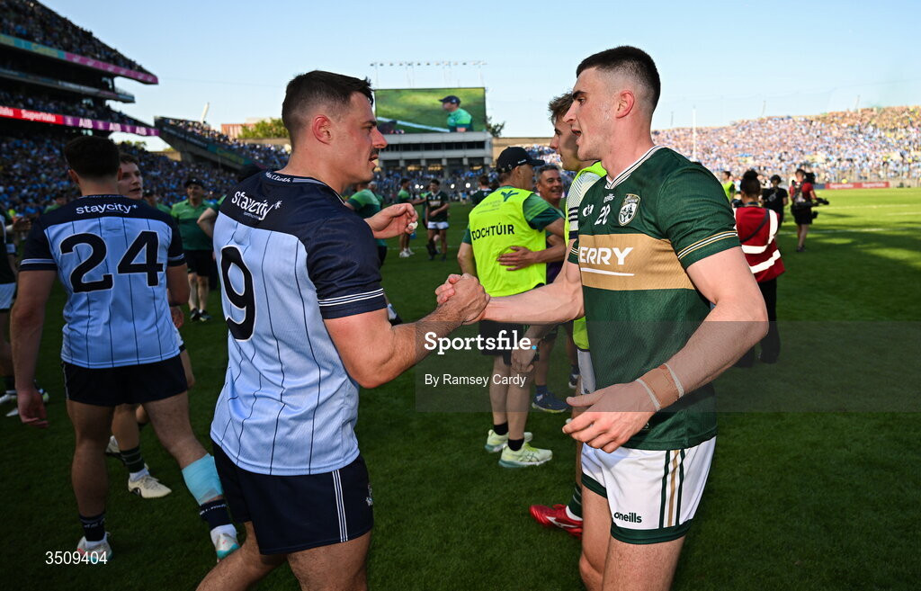 12 July 2026; Brian Howard of Dublin and Seán O'Shea of Kerry shake hands after the GAA Football All-Ireland Senior Championship semi-final match between Dublin and Kerry at Croke Park in Dublin. Photo by Ramsey Cardy/Sportsfile