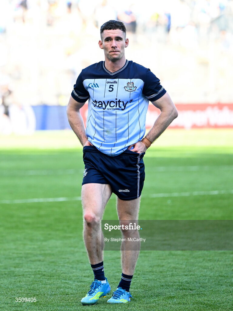 12 July 2026; Lee Gannon of Dublin dejected after the GAA Football All-Ireland Senior Championship semi-final match between Dublin and Kerry at Croke Park in Dublin. Photo by Stephen McCarthy/Sportsfile
