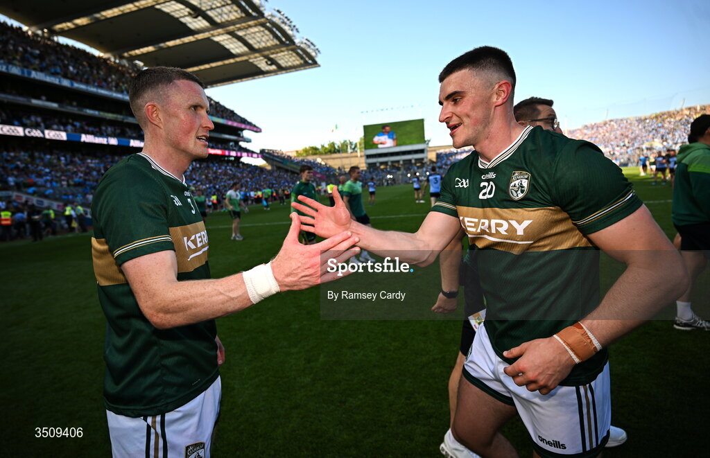 12 July 2026; Jason Foley, left, and Seán O'Shea of Kerry after the GAA Football All-Ireland Senior Championship semi-final match between Dublin and Kerry at Croke Park in Dublin. Photo by Ramsey Cardy/Sportsfile