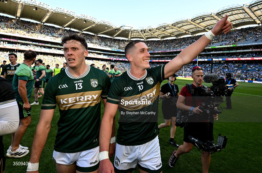 12 July 2026; Kerry players David Clifford, left, and Joe O'Connor after the GAA Football All-Ireland Senior Championship semi-final match between Dublin and Kerry at Croke Park in Dublin. Photo by Stephen McCarthy/Sportsfile