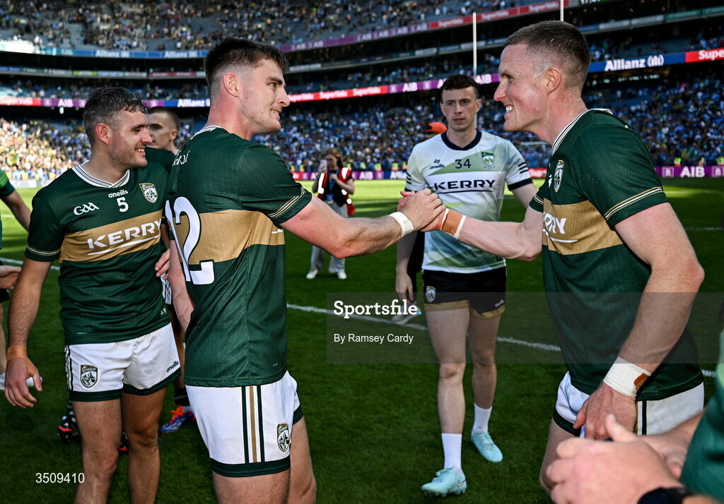12 July 2026; Diarmuid O'Connor, left, and Jason Foley of Kerry after the GAA Football All-Ireland Senior Championship semi-final match between Dublin and Kerry at Croke Park in Dublin. Photo by Ramsey Cardy/Sportsfile
