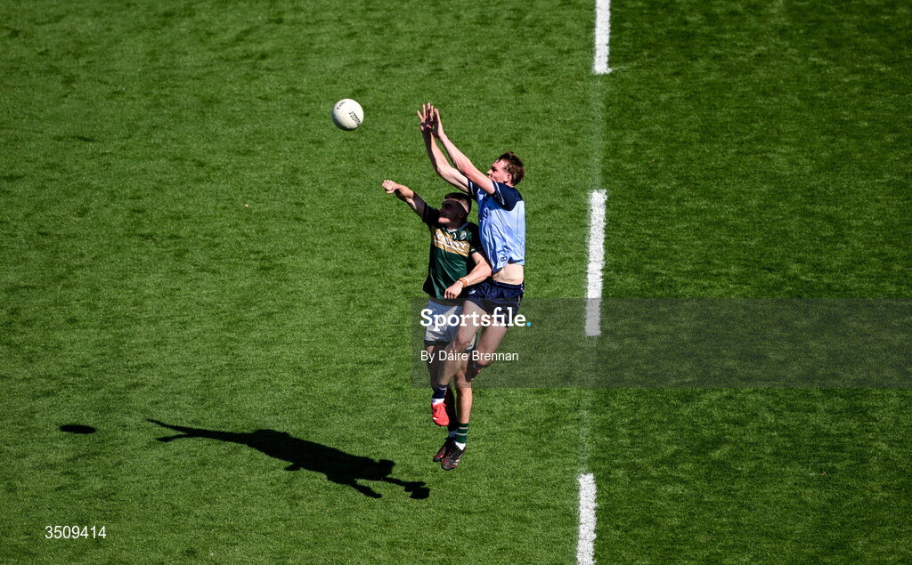 12 July 2026; Peadar Ó Cofaigh Byrne of Dublin in action against Seán O'Shea of Kerry during the GAA Football All-Ireland Senior Championship semi-final match between Dublin and Kerry at Croke Park in Dublin. Photo by Daire Brennan/Sportsfile