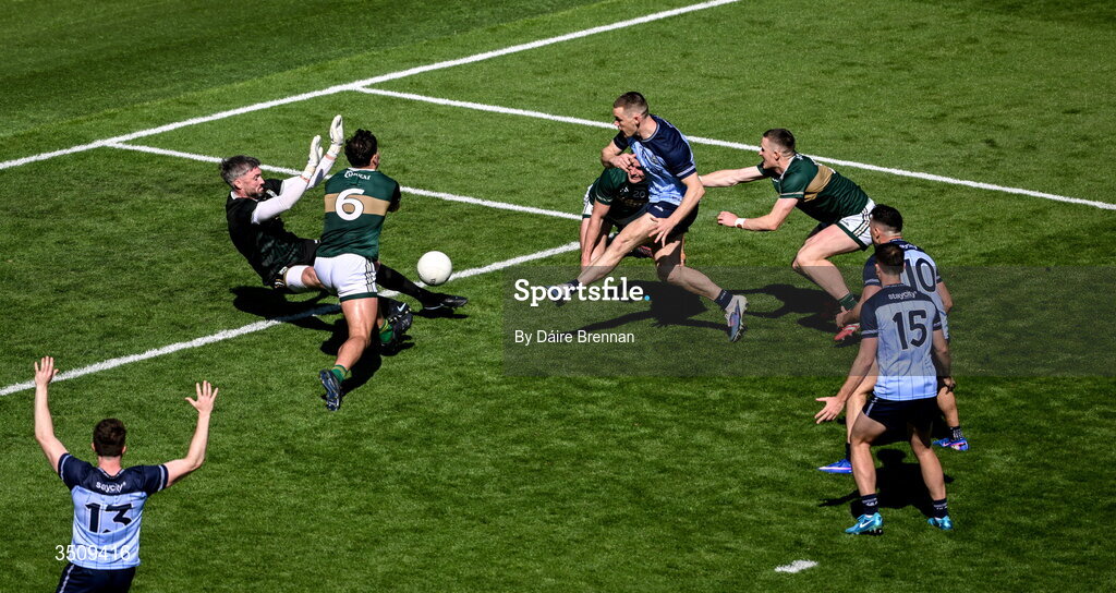 12 July 2026; Con O'Callaghan of Dublin has his shot saved by Kerry goalkeeper Shane Murphy during the GAA Football All-Ireland Senior Championship semi-final match between Dublin and Kerry at Croke Park in Dublin. Photo by Daire Brennan/Sportsfile