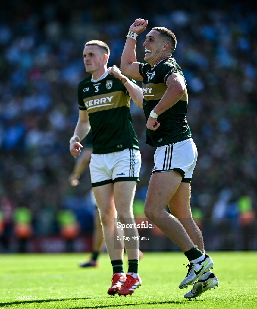 12 July 2026; Kerry players Joe O'Connor and  Jason Foley  celebrate after the GAA Football All-Ireland Senior Championship semi-final match between Dublin and Kerry at Croke Park in Dublin. Photo by Ray McManus/Sportsfile Photo by Ray McManus/Sportsfile