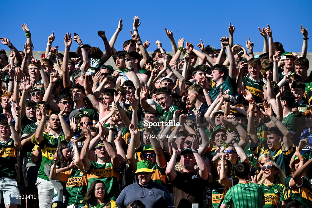 12 July 2026; Kerry supporters, on Hill 16, join in singing 'An Poc ar Buile' after the GAA Football All-Ireland Senior Championship semi-final match between Dublin and Kerry at Croke Park in Dublin. Photo by Ray McManus/Sportsfile Photo by Ray McManus/Sportsfile