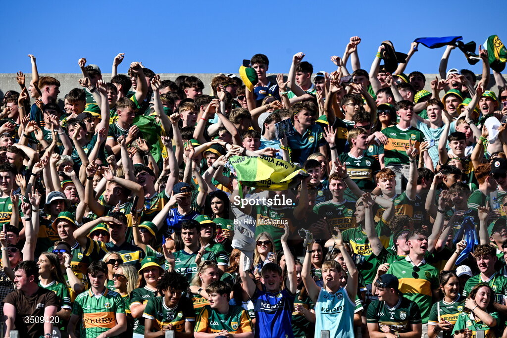 12 July 2026; Kerry supporters, on Hill 16, join in singing 'An Poc ar Buile' after the GAA Football All-Ireland Senior Championship semi-final match between Dublin and Kerry at Croke Park in Dublin. Photo by Ray McManus/Sportsfile Photo by Ray McManus/Sportsfile