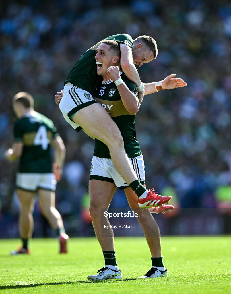 12 July 2026; Kerry players Jason Foley and Joe O'Connor celebrate after the GAA Football All-Ireland Senior Championship semi-final match between Dublin and Kerry at Croke Park in Dublin. Photo by Ray McManus/Sportsfile Photo by Ray McManus/Sportsfile