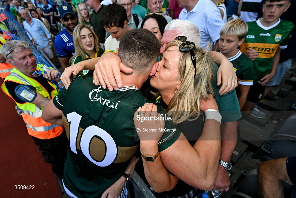 12 July 2026; Joe O'Connor of Kerry with his mother Helen after the GAA Football All-Ireland Senior Championship semi-final match between Dublin and Kerry at Croke Park in Dublin. Photo by Stephen McCarthy/Sportsfile