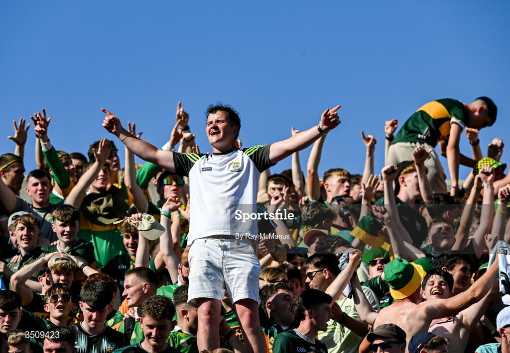 12 July 2026; Kerry supporters, on Hill 16, join in singing 'An Poc ar Buile' after the GAA Football All-Ireland Senior Championship semi-final match between Dublin and Kerry at Croke Park in Dublin. Photo by Ray McManus/Sportsfile Photo by Ray McManus/Sportsfile
