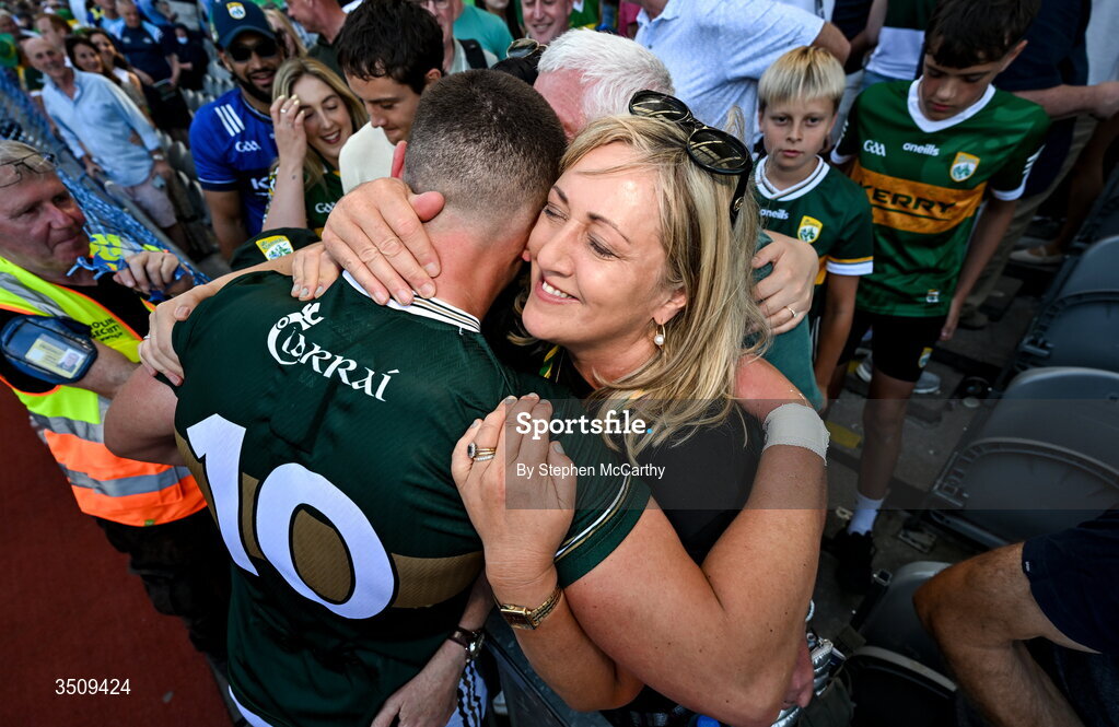 12 July 2026; Joe O'Connor of Kerry with his mother Helen after the GAA Football All-Ireland Senior Championship semi-final match between Dublin and Kerry at Croke Park in Dublin. Photo by Stephen McCarthy/Sportsfile