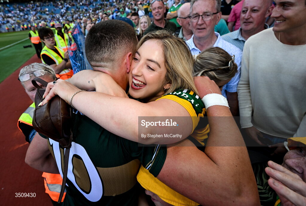 12 July 2026; Joe O'Connor of Kerry with his sister Elaine after the GAA Football All-Ireland Senior Championship semi-final match between Dublin and Kerry at Croke Park in Dublin. Photo by Stephen McCarthy/Sportsfile