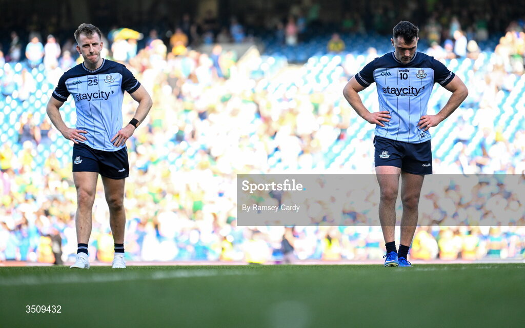 12 July 2026; Seán Bugler, left, and Colm Basquel of Dublin after their side's defeat in the GAA Football All-Ireland Senior Championship semi-final match between Dublin and Kerry at Croke Park in Dublin. Photo by Ramsey Cardy/Sportsfile