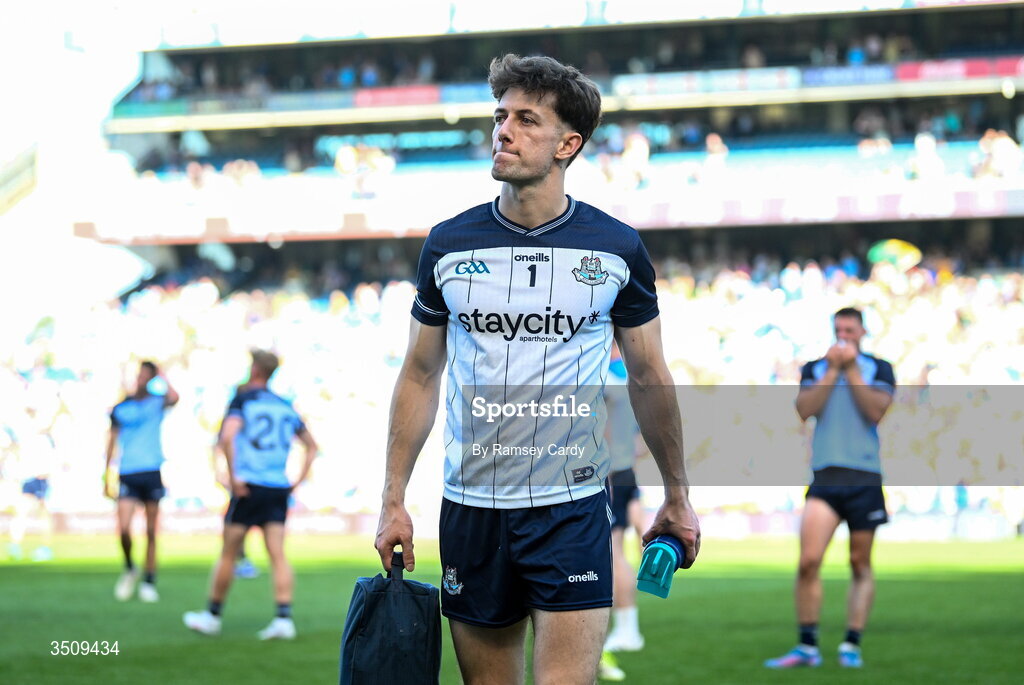 12 July 2026; Dublin goalkeeper Evan Comerford after his side's defeat in the GAA Football All-Ireland Senior Championship semi-final match between Dublin and Kerry at Croke Park in Dublin. Photo by Ramsey Cardy/Sportsfile