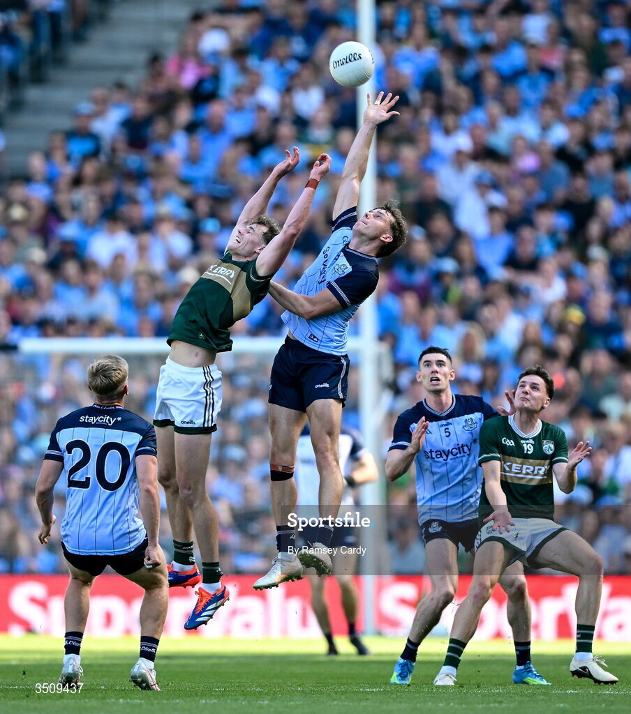12 July 2026; Mark O'Shea of Kerry and Charlie McMorrow of Dublin during the GAA Football All-Ireland Senior Championship semi-final match between Dublin and Kerry at Croke Park in Dublin. Photo by Ramsey Cardy/Sportsfile