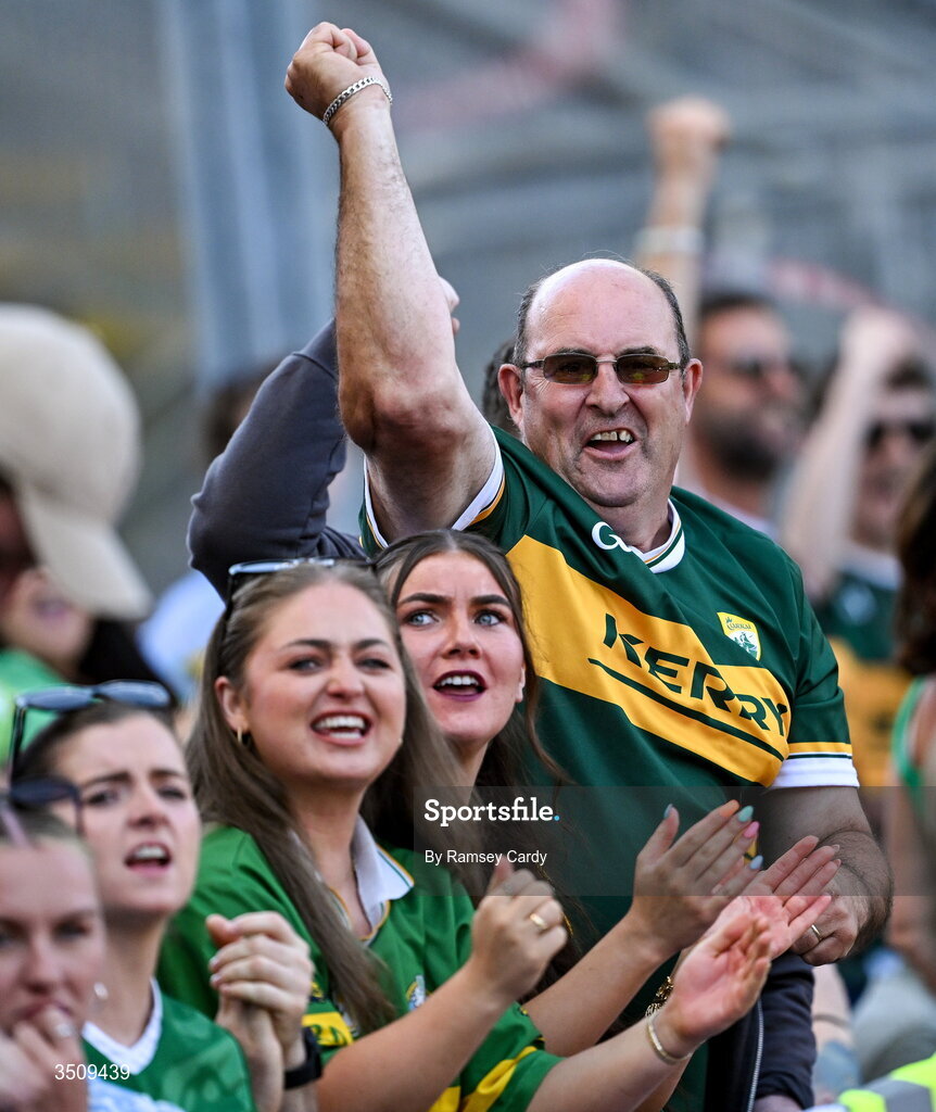12 July 2026; Kerry supporters celebrate during the GAA Football All-Ireland Senior Championship semi-final match between Dublin and Kerry at Croke Park in Dublin. Photo by Ramsey Cardy/Sportsfile