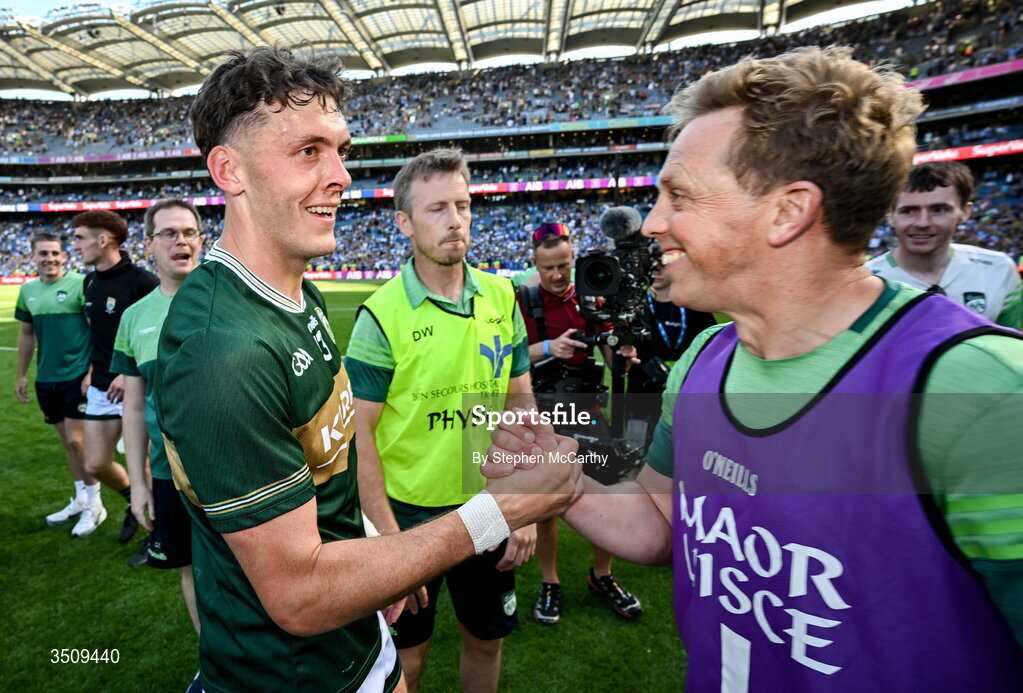 12 July 2026; Joe O'Connor of Kerry with Kerry conditioning coach Arthur Fitzgerald the GAA Football All-Ireland Senior Championship semi-final match between Dublin and Kerry at Croke Park in Dublin. Photo by Stephen McCarthy/Sportsfile