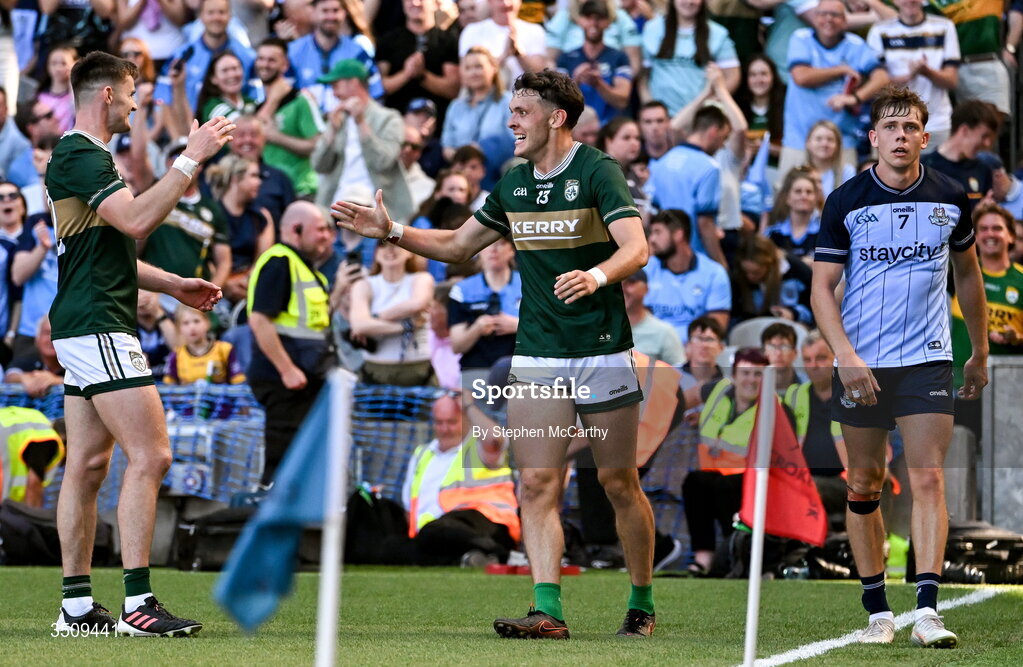 12 July 2026; Kerry players Diarmuid O'Connor, left, and David Clifford celebrate after the GAA Football All-Ireland Senior Championship semi-final match between Dublin and Kerry at Croke Park in Dublin. Photo by Stephen McCarthy/Sportsfile