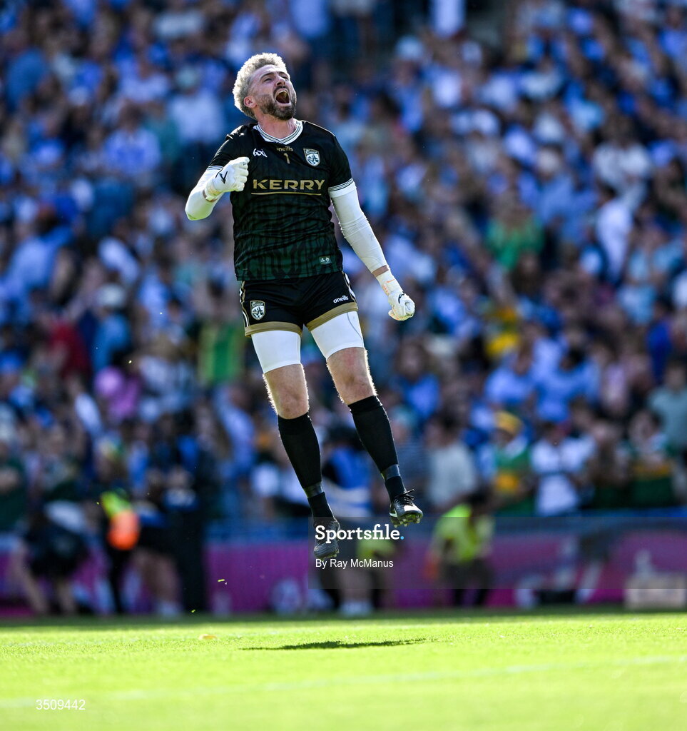 12 July 2026; Kerry goalkeeper Shane Murphy celebrates after the GAA Football All-Ireland Senior Championship semi-final match between Dublin and Kerry at Croke Park in Dublin. Photo by Ray McManus/Sportsfile Photo by Ray McManus/Sportsfile