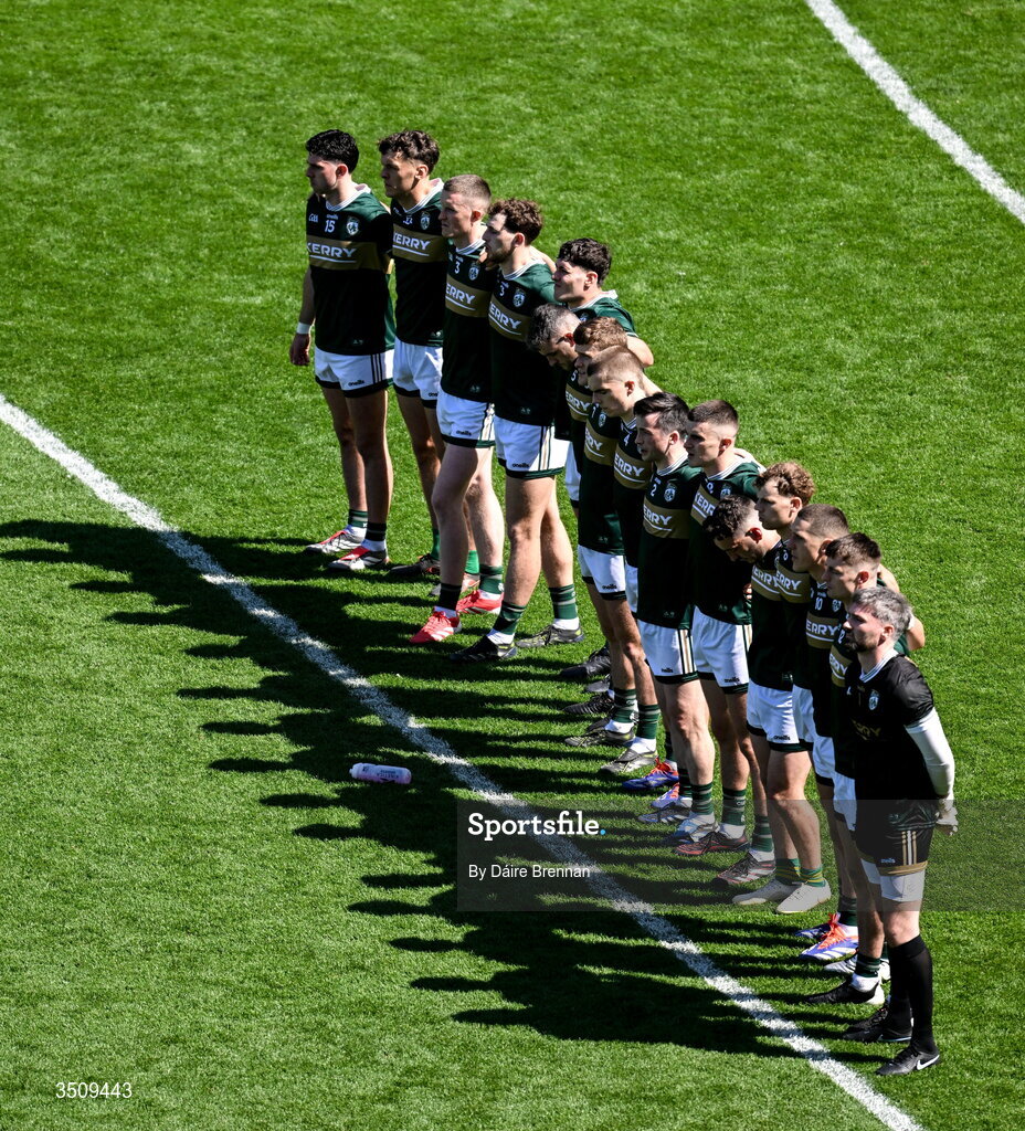 12 July 2026; The Kerry team stand together for the national anthem ahead of the GAA Football All-Ireland Senior Championship semi-final match between Dublin and Kerry at Croke Park in Dublin. Photo by Daire Brennan/Sportsfile