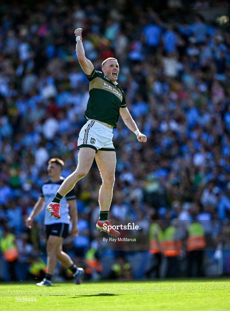 12 July 2026; Kerry full-back Jason Foley celebrates after the GAA Football All-Ireland Senior Championship semi-final match between Dublin and Kerry at Croke Park in Dublin. Photo by Ray McManus/Sportsfile Photo by Ray McManus/Sportsfile