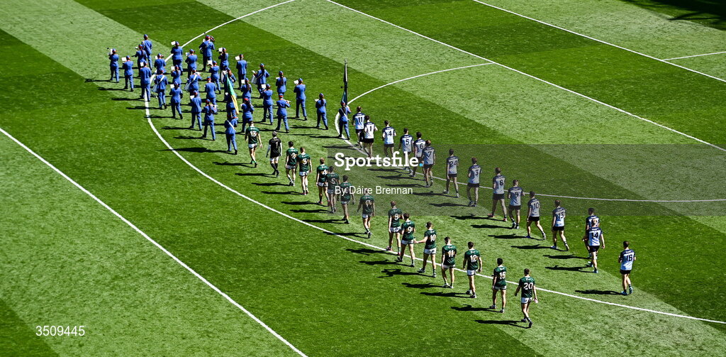 12 July 2026; The Dublin and Kerry teams parade behind the Artane School of Music Band ahead of the GAA Football All-Ireland Senior Championship semi-final match between Dublin and Kerry at Croke Park in Dublin. Photo by Daire Brennan/Sportsfile