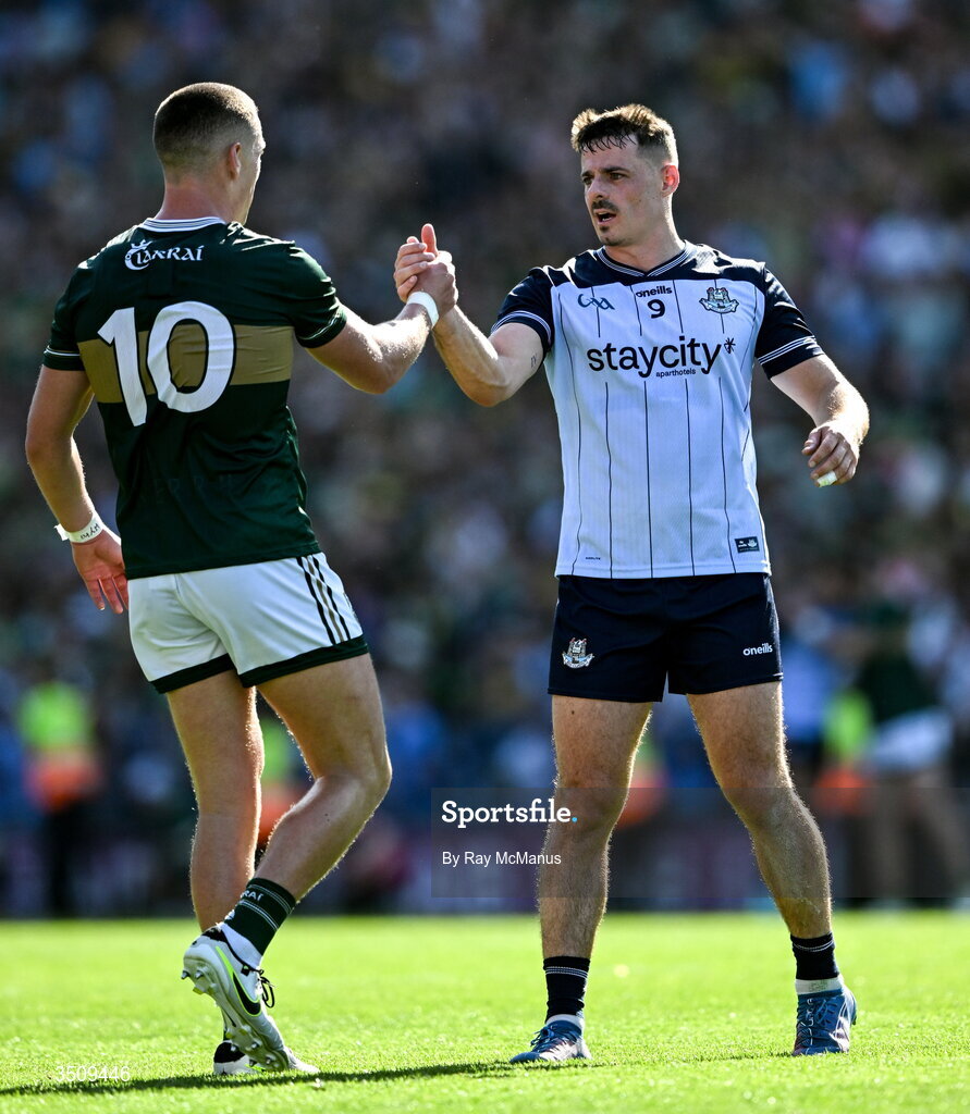 12 July 2026; Brian Howard of Dublin congratulates Joe O'Connor of Kerry after the GAA Football All-Ireland Senior Championship semi-final match between Dublin and Kerry at Croke Park in Dublin. Photo by Ray McManus/Sportsfile Photo by Ray McManus/Sportsfile