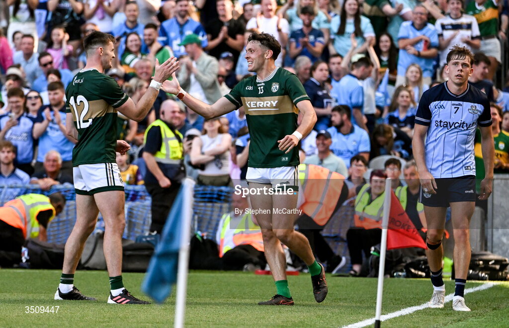 12 July 2026; Kerry players Diarmuid O'Connor, left, and David Clifford celebrate after the GAA Football All-Ireland Senior Championship semi-final match between Dublin and Kerry at Croke Park in Dublin. Photo by Stephen McCarthy/Sportsfile