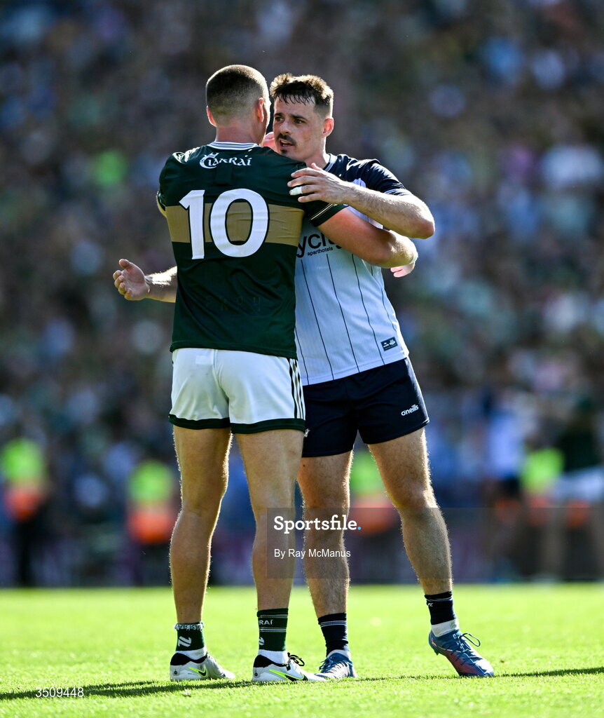 12 July 2026; Brian Howard of Dublin congratulates Joe O'Connor of Kerry after the GAA Football All-Ireland Senior Championship semi-final match between Dublin and Kerry at Croke Park in Dublin. Photo by Ray McManus/Sportsfile Photo by Ray McManus/Sportsfile