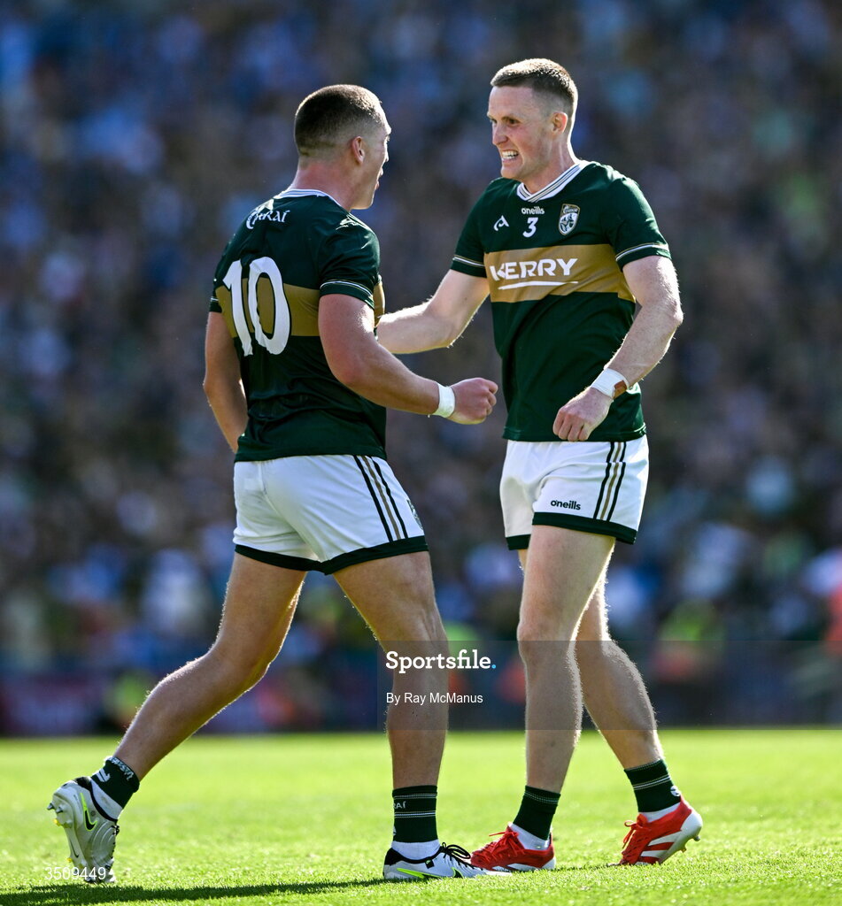 12 July 2026; Joe O'Connor, left, and Jason Foley of Kerry celebrate after the GAA Football All-Ireland Senior Championship semi-final match between Dublin and Kerry at Croke Park in Dublin. Photo by Ray McManus/Sportsfile Photo by Ray McManus/Sportsfile