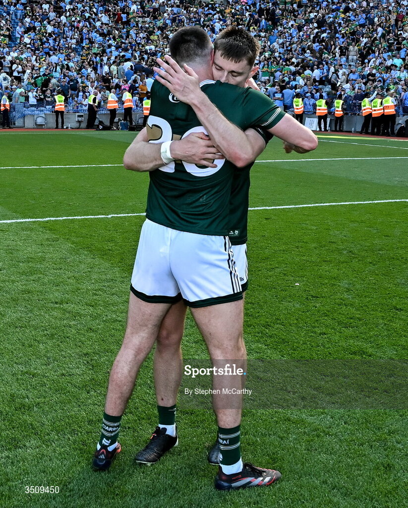 12 July 2026; Kerry players Seán O'Shea, left, and Diarmuid O'Connor celebrate after the GAA Football All-Ireland Senior Championship semi-final match between Dublin and Kerry at Croke Park in Dublin. Photo by Stephen McCarthy/Sportsfile