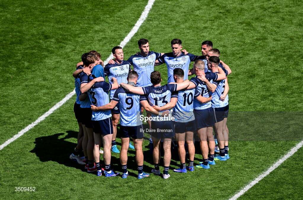 12 July 2026; The Dublin huddle ahead of the GAA Football All-Ireland Senior Championship semi-final match between Dublin and Kerry at Croke Park in Dublin. Photo by Daire Brennan/Sportsfile
