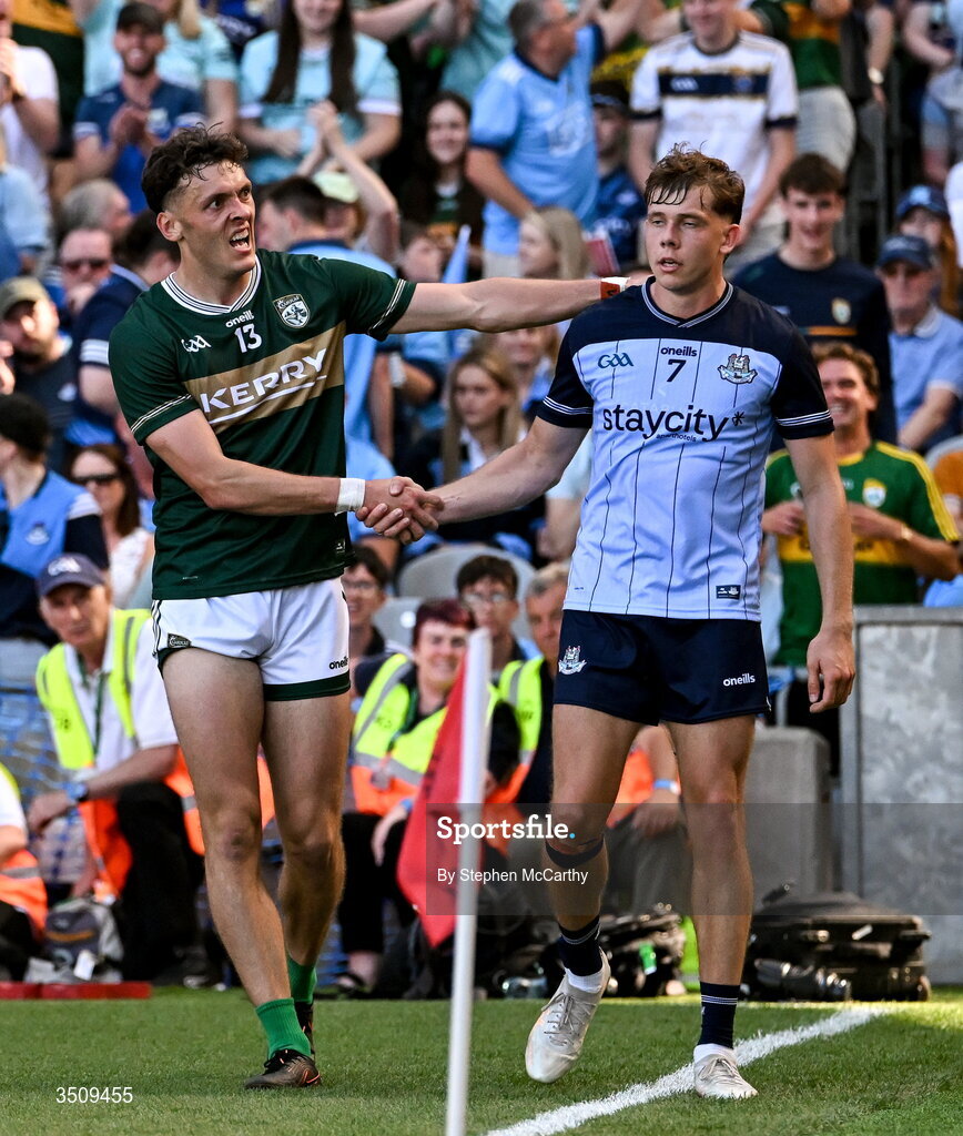 12 July 2026; David Clifford of Kerry and Charlie McMorrow of Dublin after the GAA Football All-Ireland Senior Championship semi-final match between Dublin and Kerry at Croke Park in Dublin. Photo by Stephen McCarthy/Sportsfile