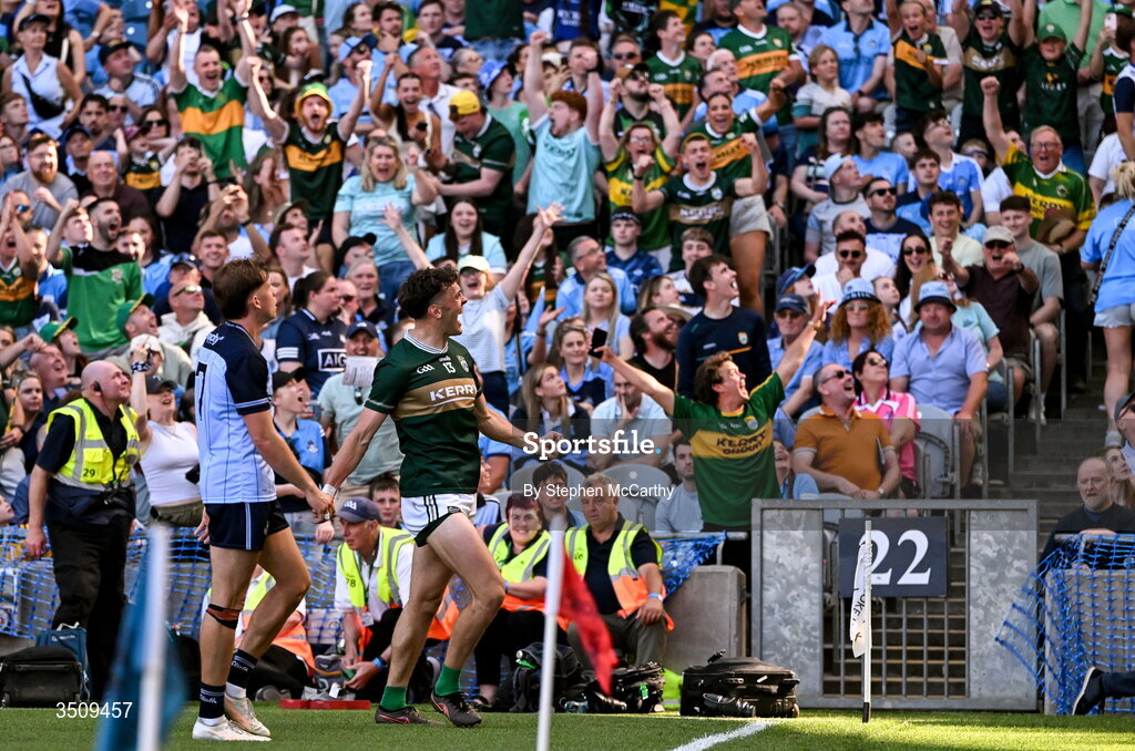 12 July 2026; David Clifford of Kerry celebrates at the final whistle of the GAA Football All-Ireland Senior Championship semi-final match between Dublin and Kerry at Croke Park in Dublin. Photo by Stephen McCarthy/Sportsfile
