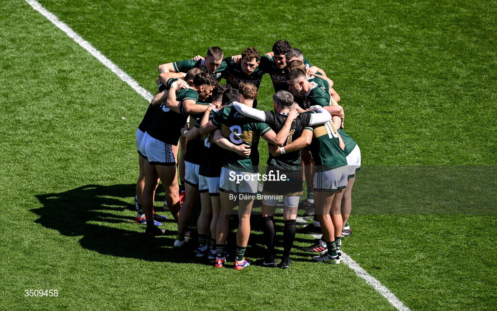 12 July 2026; The Kerry team huddle ahead of the GAA Football All-Ireland Senior Championship semi-final match between Dublin and Kerry at Croke Park in Dublin. Photo by Daire Brennan/Sportsfile