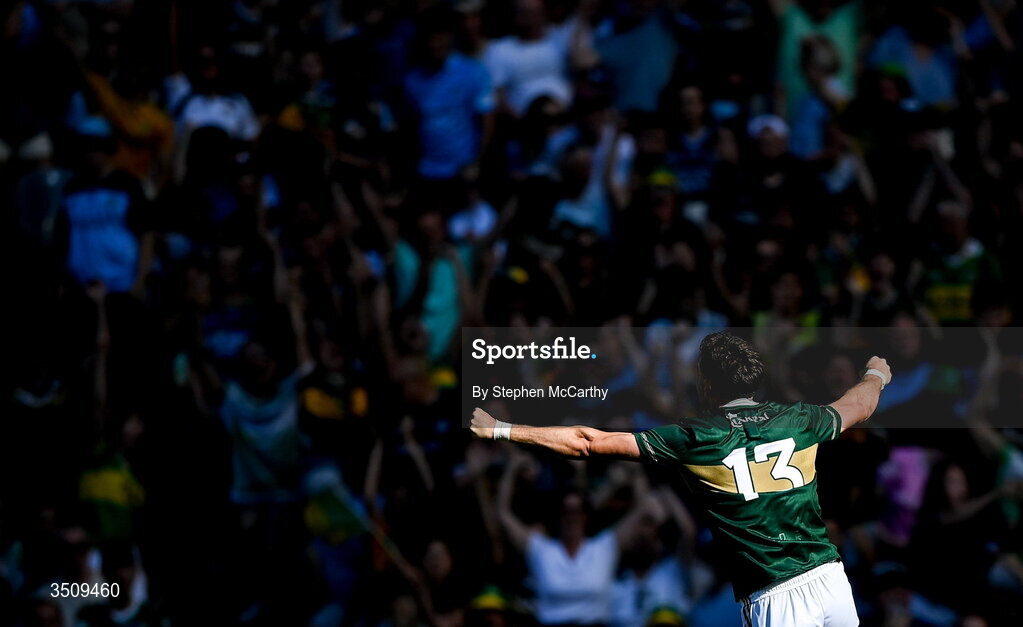 12 July 2026; David Clifford of Kerry celebrates a late score during the GAA Football All-Ireland Senior Championship semi-final match between Dublin and Kerry at Croke Park in Dublin. Photo by Stephen McCarthy/Sportsfile