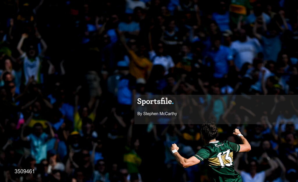 12 July 2026; David Clifford of Kerry celebrates a late score during the GAA Football All-Ireland Senior Championship semi-final match between Dublin and Kerry at Croke Park in Dublin. Photo by Stephen McCarthy/Sportsfile