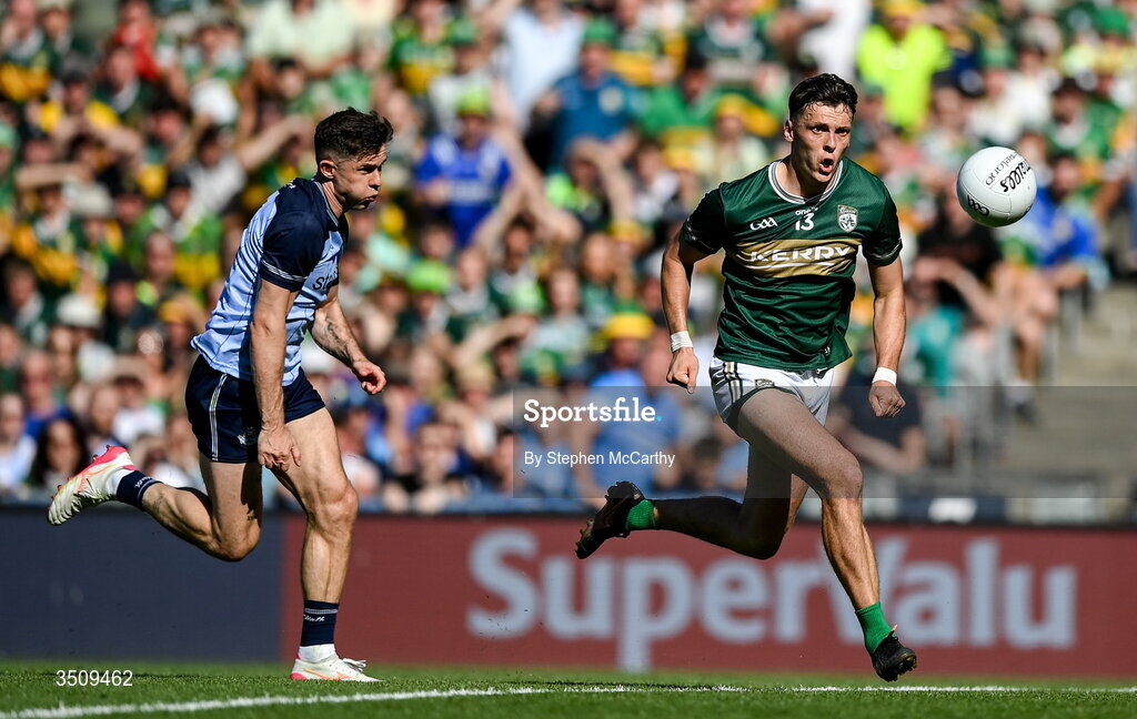 12 July 2026; David Clifford of Kerry in action against David Byrne of Dublin during the GAA Football All-Ireland Senior Championship semi-final match between Dublin and Kerry at Croke Park in Dublin. Photo by Stephen McCarthy/Sportsfile