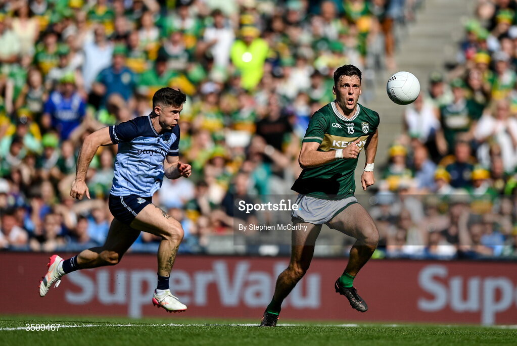 12 July 2026; David Clifford of Kerry in action against David Byrne of Dublin during the GAA Football All-Ireland Senior Championship semi-final match between Dublin and Kerry at Croke Park in Dublin. Photo by Stephen McCarthy/Sportsfile