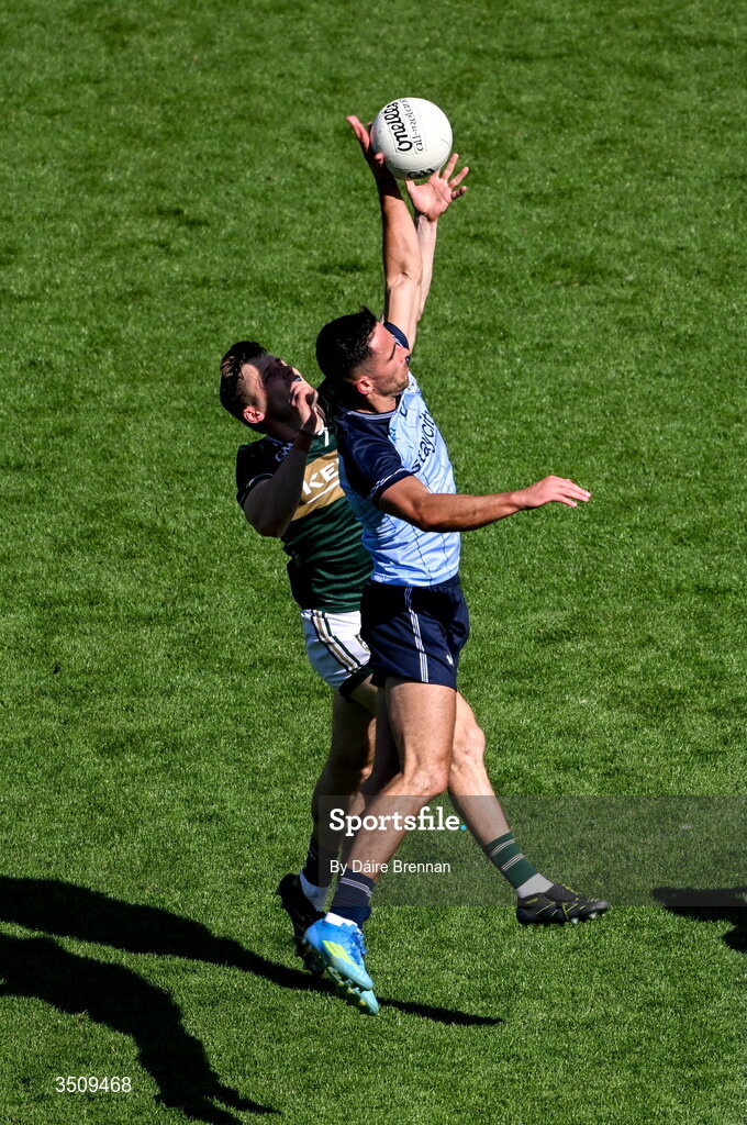12 July 2026; Niall Scully of Dublin in action against Gavin White of Kerry during the GAA Football All-Ireland Senior Championship semi-final match between Dublin and Kerry at Croke Park in Dublin. Photo by Daire Brennan/Sportsfile