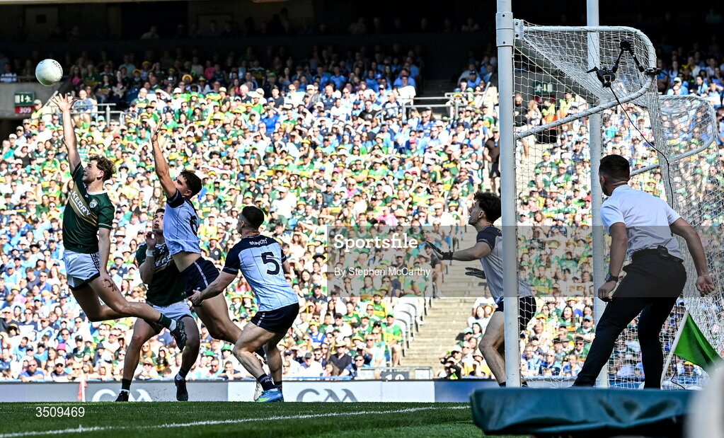 12 July 2026; Seán O'Brien of Kerry celebrates after scoring his side's second goal during the GAA Football All-Ireland Senior Championship semi-final match between Dublin and Kerry at Croke Park in Dublin. Photo by Stephen McCarthy/Sportsfile