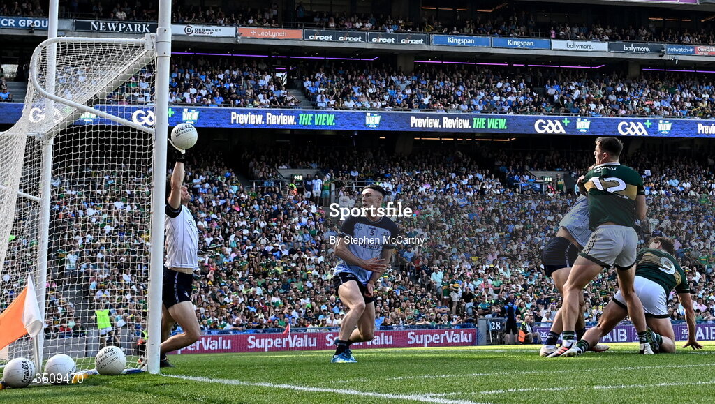 12 July 2026; Seán O'Brien of Kerry celebrates after scoring his side's second goal during the GAA Football All-Ireland Senior Championship semi-final match between Dublin and Kerry at Croke Park in Dublin. Photo by Stephen McCarthy/Sportsfile