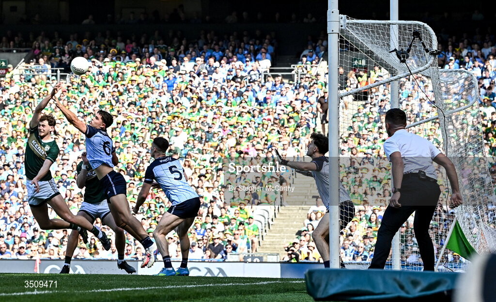 12 July 2026; Seán O'Brien of Kerry celebrates after scoring his side's second goal during the GAA Football All-Ireland Senior Championship semi-final match between Dublin and Kerry at Croke Park in Dublin. Photo by Stephen McCarthy/Sportsfile