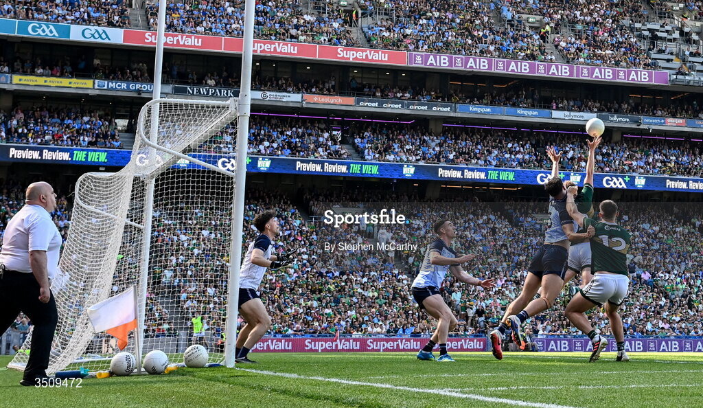 12 July 2026; Seán O'Brien of Kerry celebrates after scoring his side's second goal during the GAA Football All-Ireland Senior Championship semi-final match between Dublin and Kerry at Croke Park in Dublin. Photo by Stephen McCarthy/Sportsfile