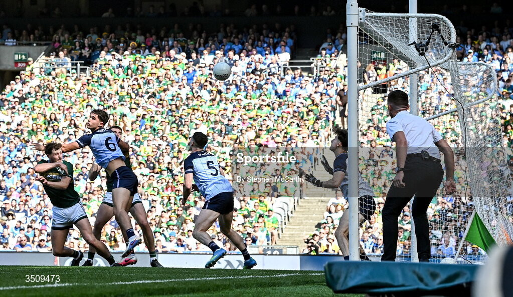 12 July 2026; Seán O'Brien of Kerry celebrates after scoring his side's second goal during the GAA Football All-Ireland Senior Championship semi-final match between Dublin and Kerry at Croke Park in Dublin. Photo by Stephen McCarthy/Sportsfile