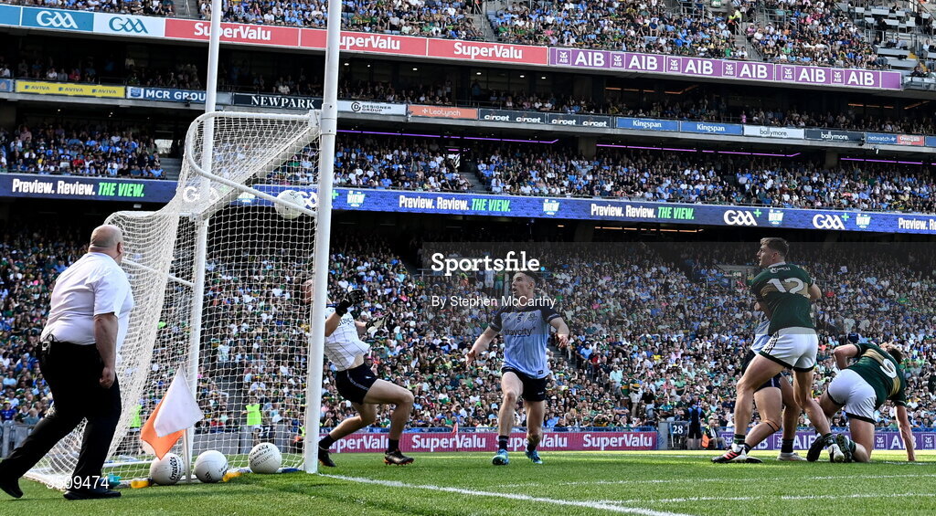 12 July 2026; Seán O'Brien of Kerry celebrates after scoring his side's second goal during the GAA Football All-Ireland Senior Championship semi-final match between Dublin and Kerry at Croke Park in Dublin. Photo by Stephen McCarthy/Sportsfile