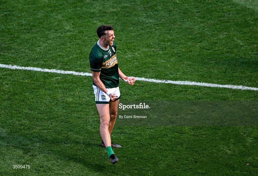 12 July 2026; David Clifford of Kerry celebrates after a second half score during the GAA Football All-Ireland Senior Championship semi-final match between Dublin and Kerry at Croke Park in Dublin. Photo by Daire Brennan/Sportsfile