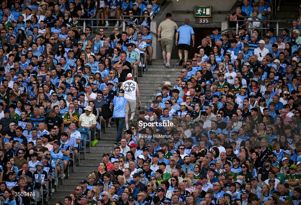 12 July 2026; Dublin supporters in the Hogan Stand, start to leave in the 68th minute, during the GAA Football All-Ireland Senior Championship semi-final match between Dublin and Kerry at Croke Park in Dublin. Photo by Ray McManus/Sportsfile Photo by Ray McManus/Sportsfile