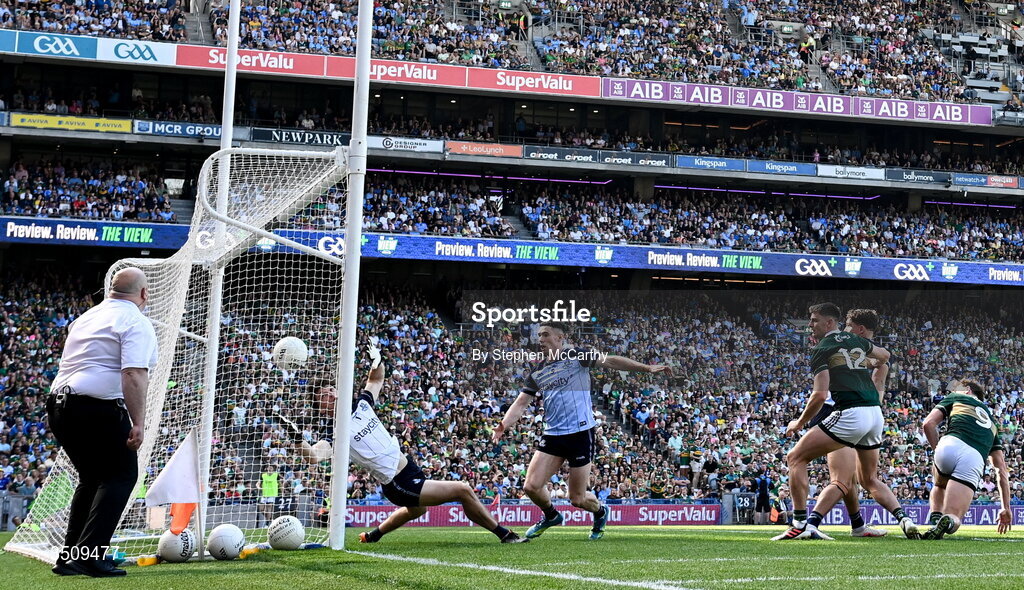 12 July 2026; Seán O'Brien of Kerry celebrates after scoring his side's second goal during the GAA Football All-Ireland Senior Championship semi-final match between Dublin and Kerry at Croke Park in Dublin. Photo by Stephen McCarthy/Sportsfile
